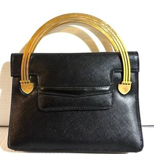 Vintage Black Leather Handbag with Gold Arched Handles